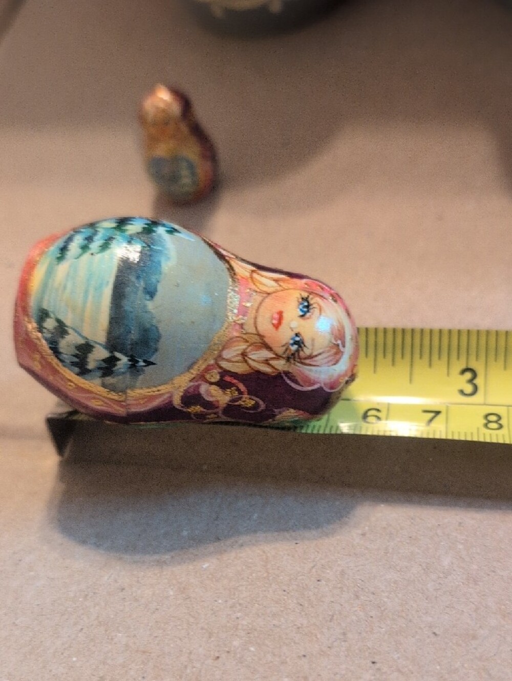 Hand-Painted Russian Nesting Doll - Pink & Purple Winter Scene - Picture 7 of 16